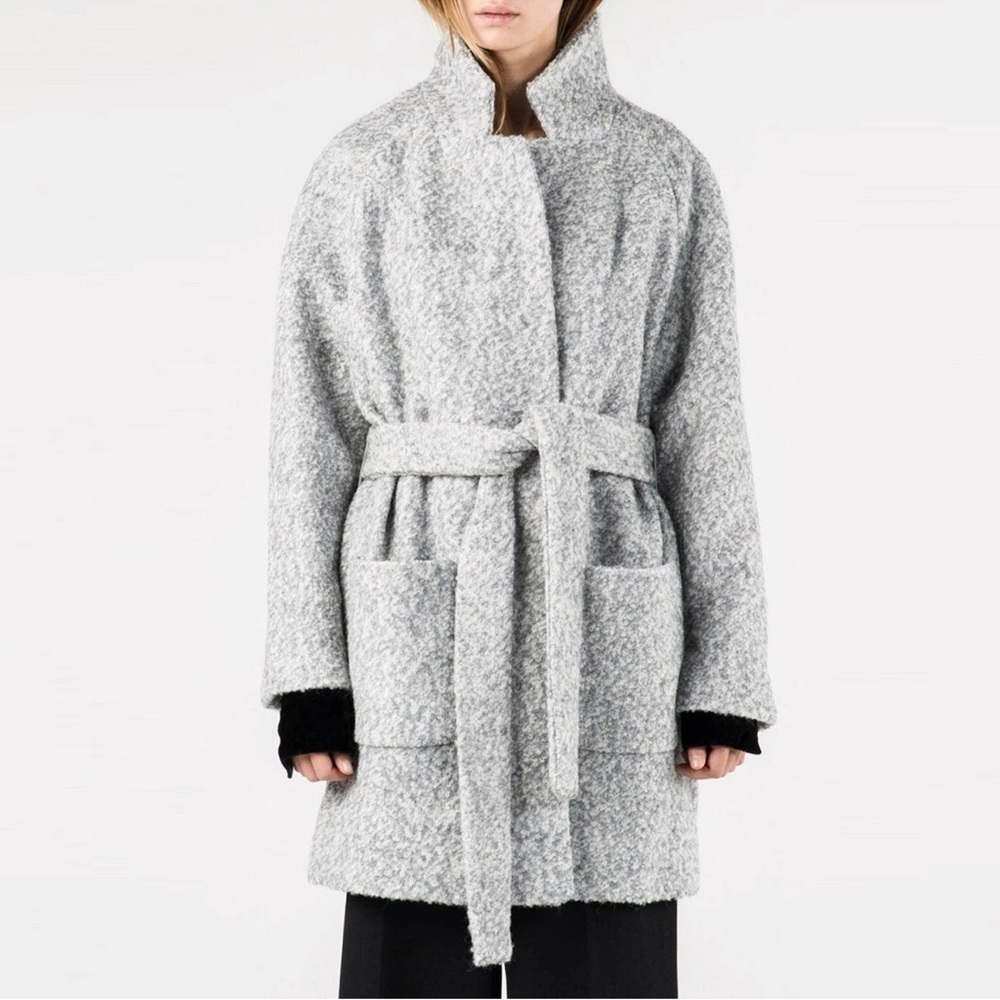 GANNI TEDDY Belted Wrap Coat Tweed Boucle Wool Blend - Size Small